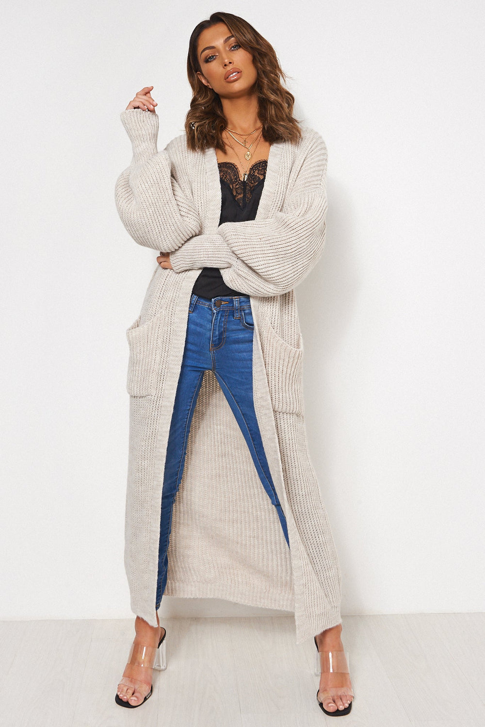 Bren Beige Oversized Balloon Sleeve Long Maxi Cardigan