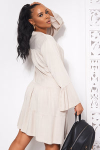 Beige Long Sleeve Smock Dress