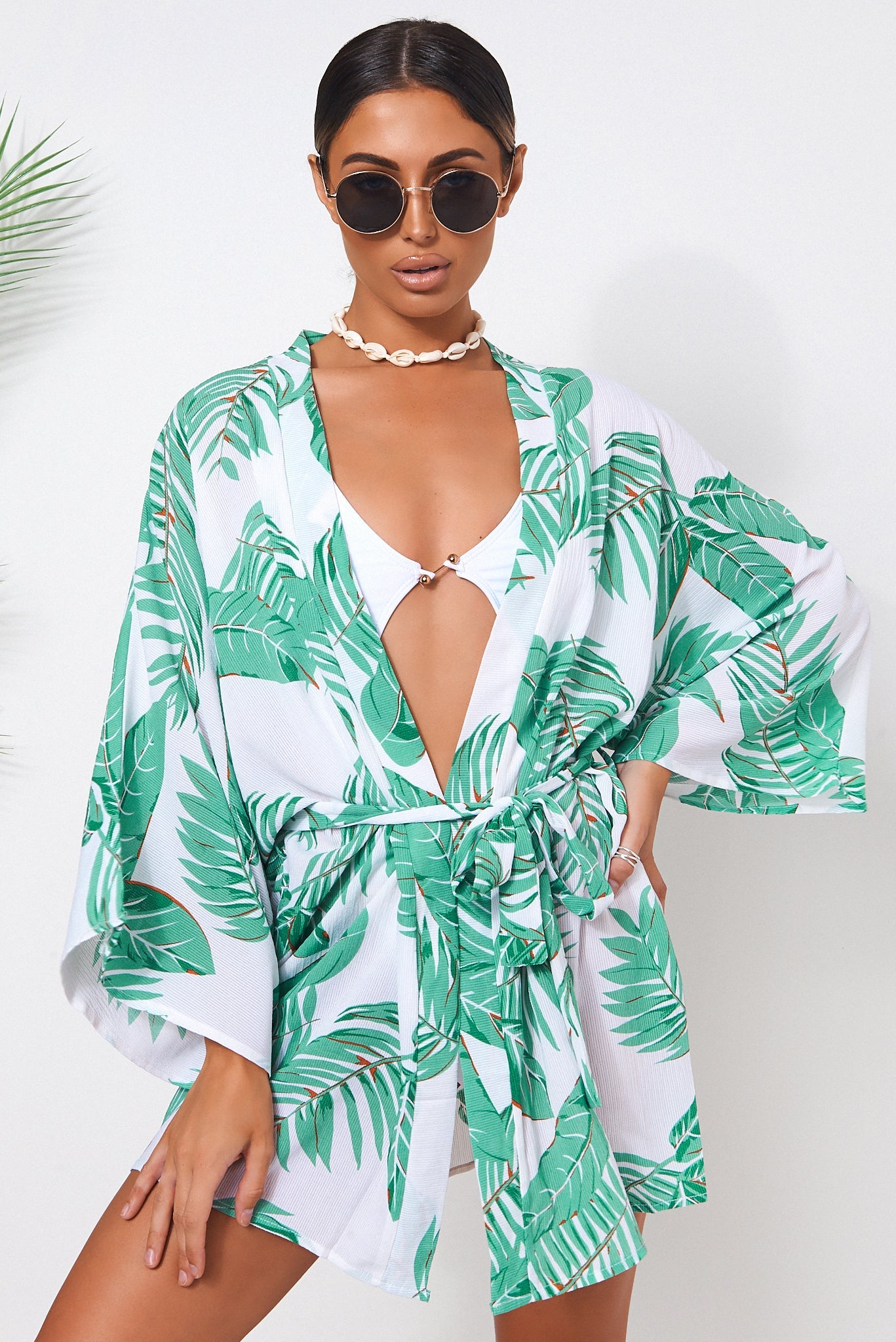 Green & White Palm Print Wrap Kimono