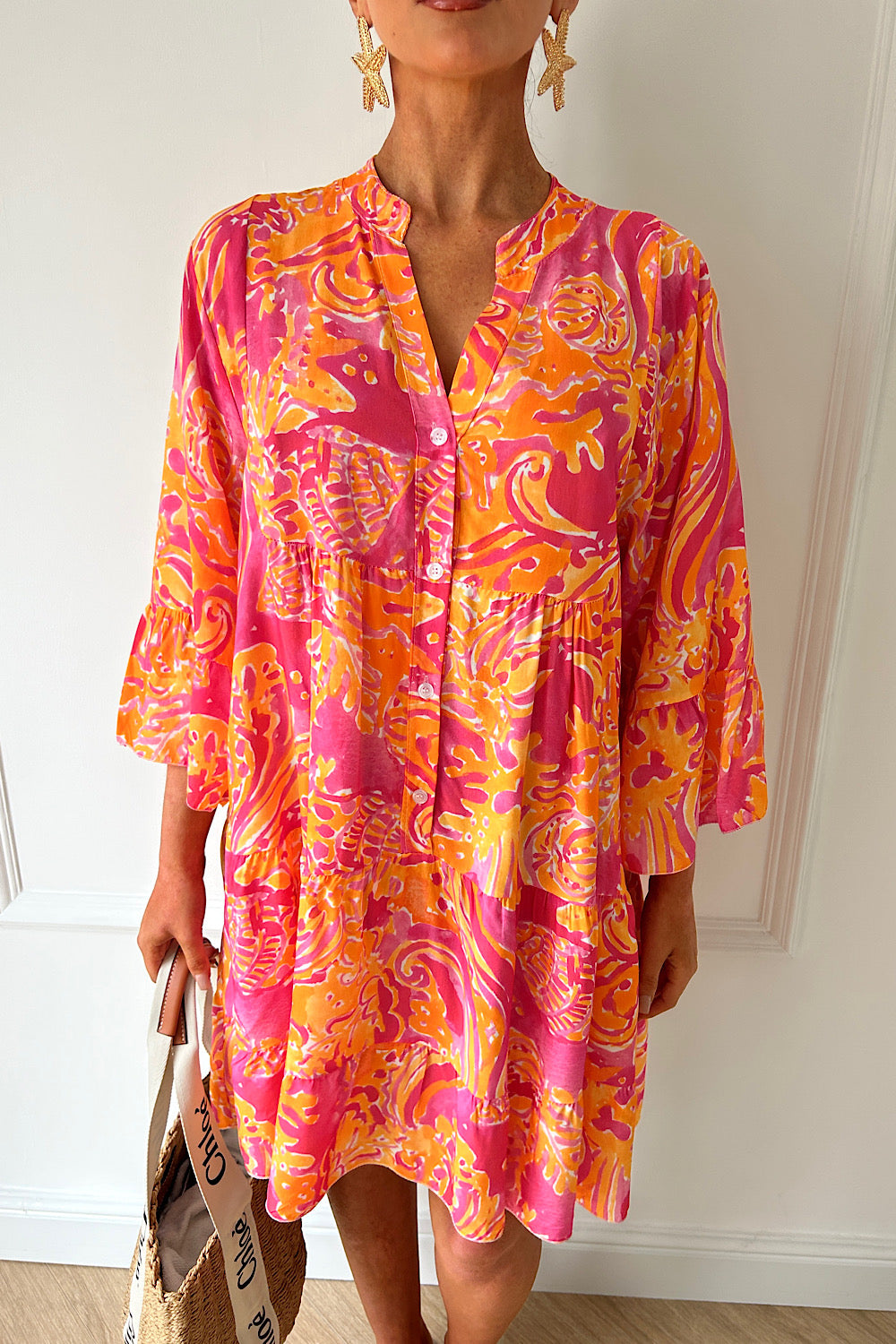 Zuri Pink Tropical Button Smock Dress