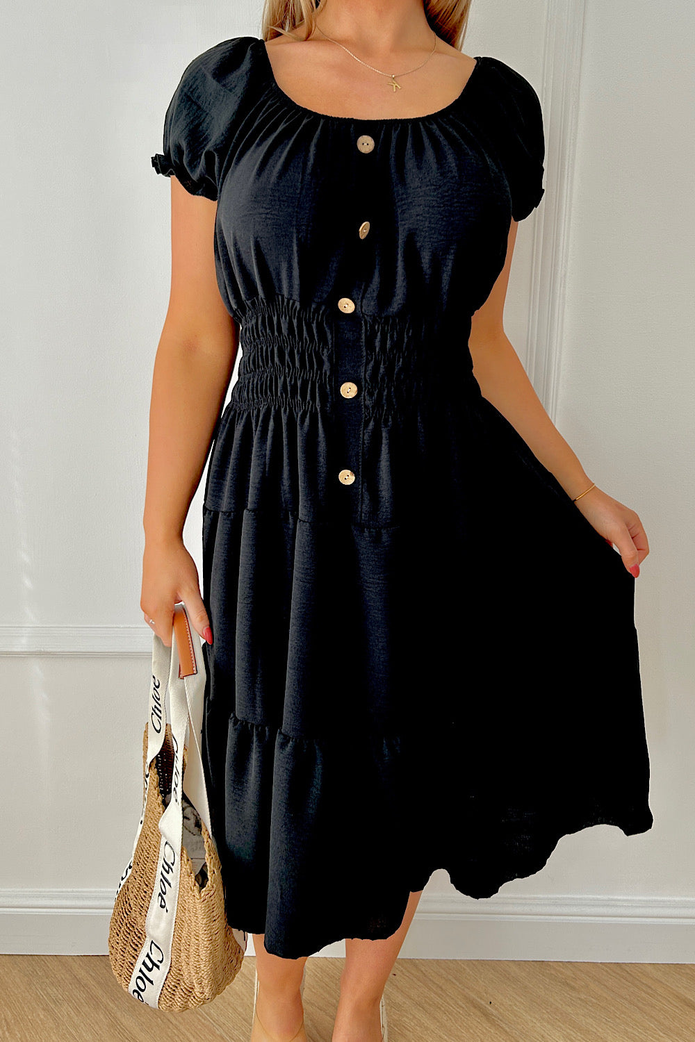 Raylee Black Button Midi Dress