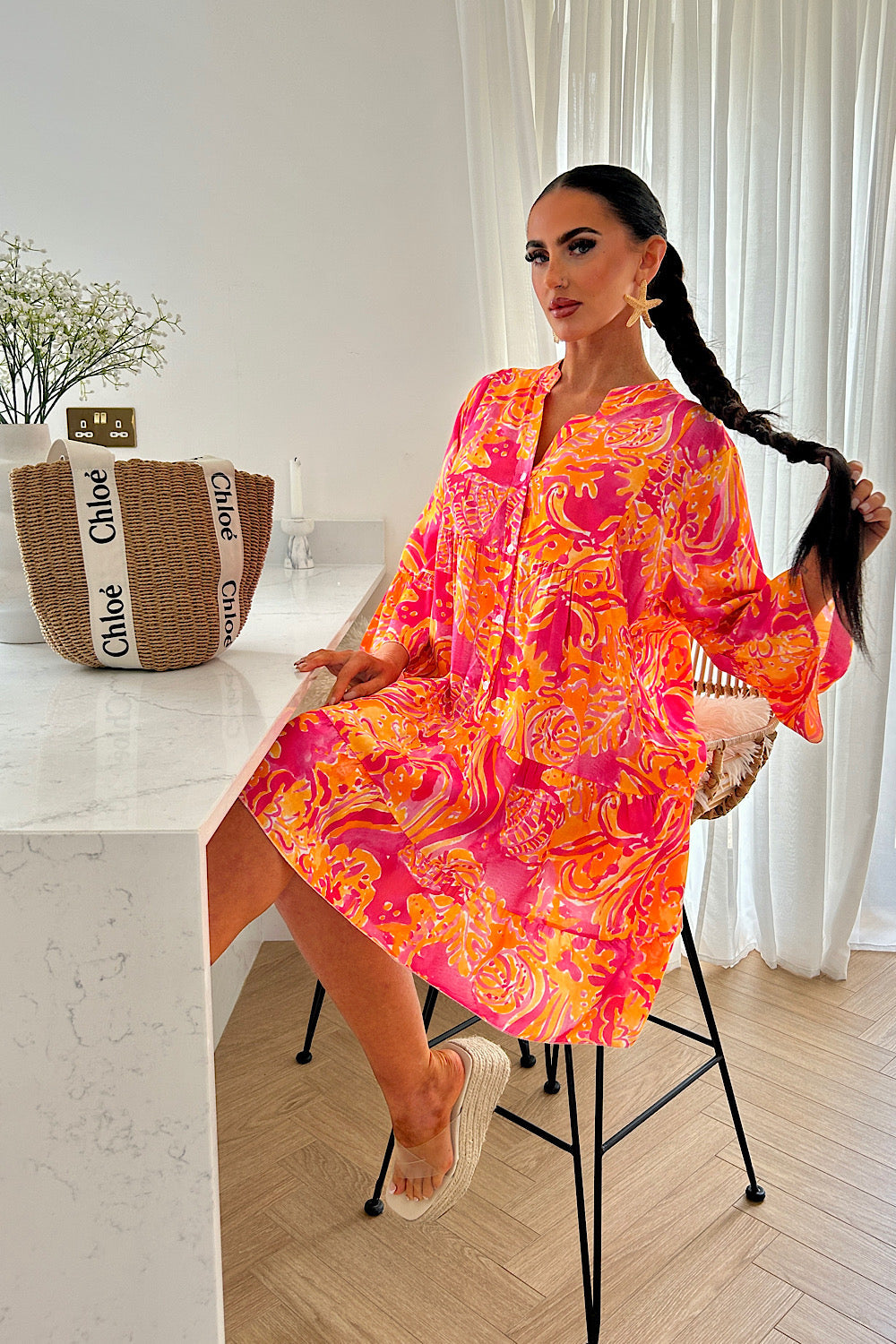 Zuri Pink Tropical Button Smock Dress