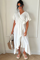 Tyla White Chiffon Tie Side Frill Maxi Dress
