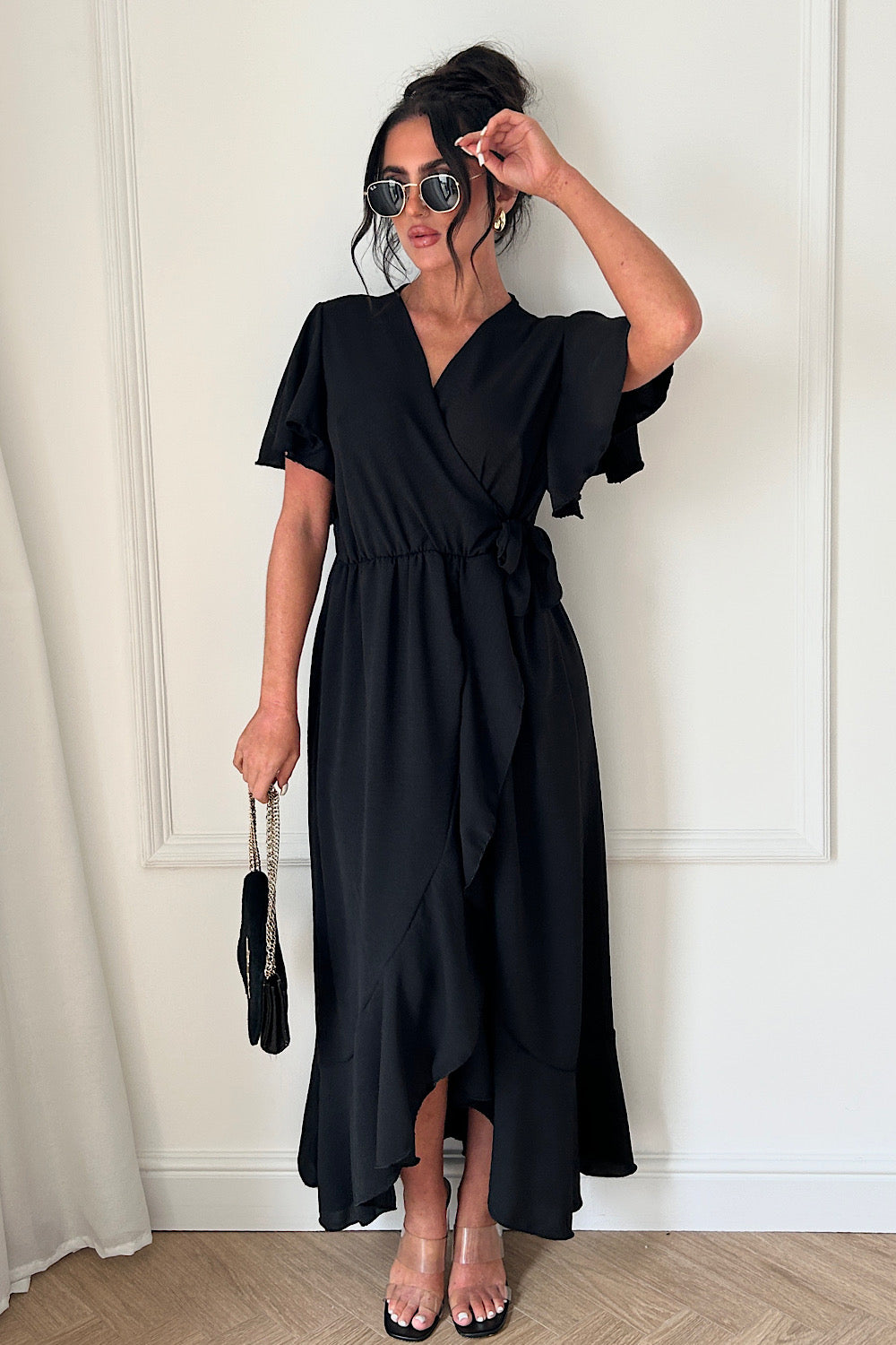 Tyla Black Chiffon Tie Side Frill Maxi Dress