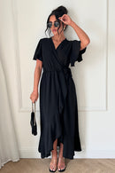 Tyla Black Chiffon Tie Side Frill Maxi Dress