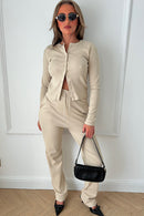 Tia Beige Ribbed Button Trouser Co-ord
