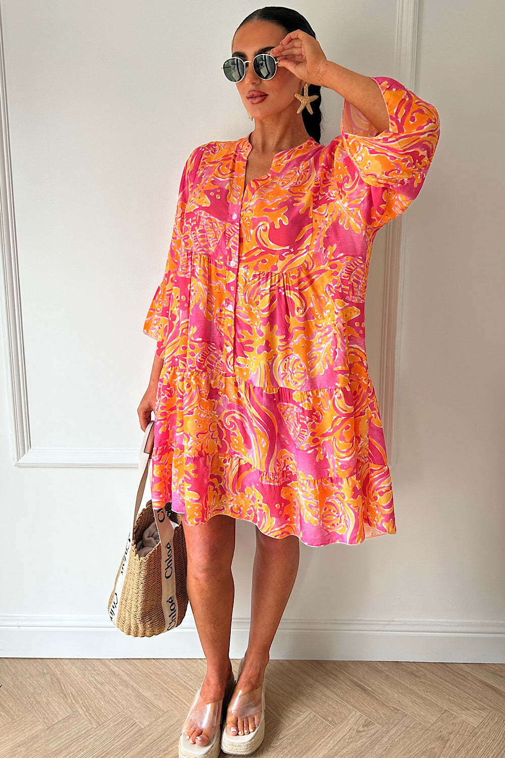 Zuri Pink Tropical Button Smock Dress