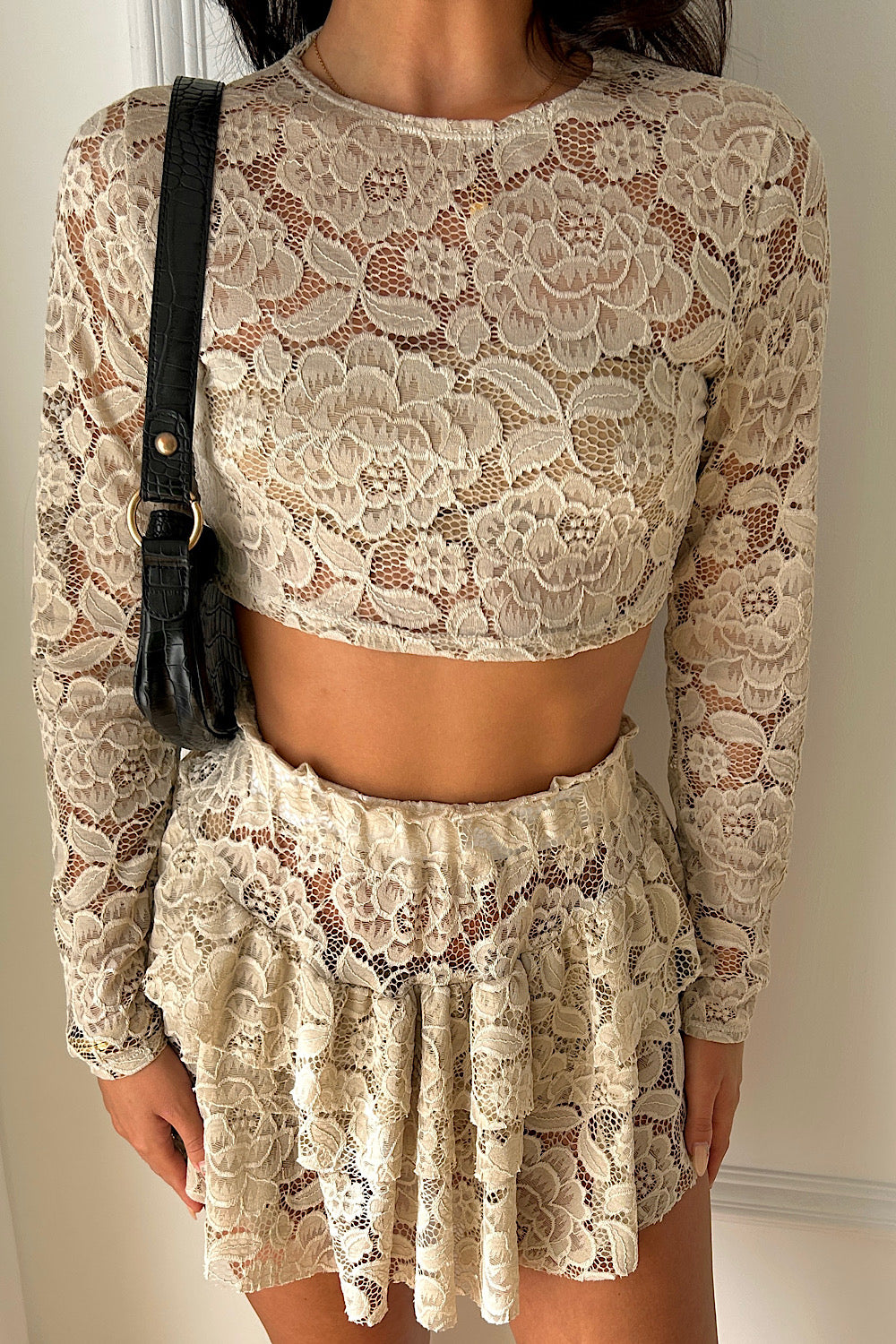 Carmen Beige Floral Lace Top & Skirt Co-ord