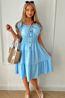 Raylee Blue Button Midi Dress