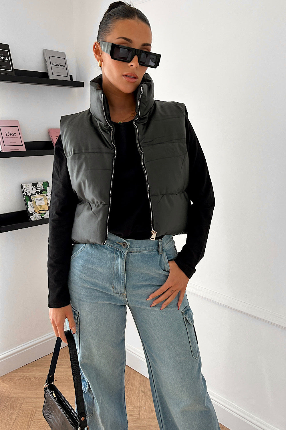 Lou Black Faux leather Cropped Gilet