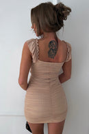 Lia Beige Ruched Bodycon Dress