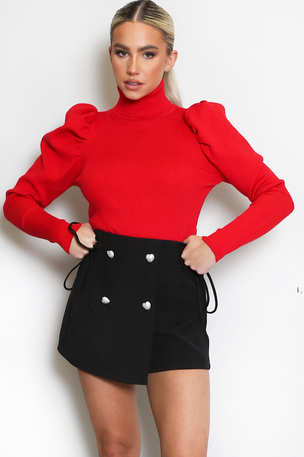 Allie Red Ribbed Polo Neck Puff Sleeve Jumper