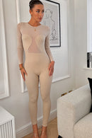 Alex Beige Ribbed Long Sleeve Mesh Jumpsuit