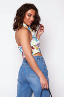 White Floral Halter Neck Crop Top