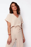 Greta Beige V Neck Jumpsuit