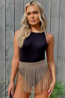 Romi Gold Diamante Rhinestone Wrap Front Fringe Mini Skirt
