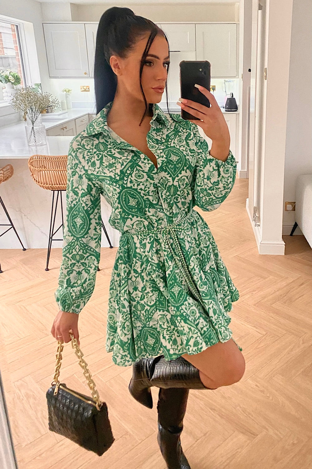 Green Swirl Pattern Shirt Dress