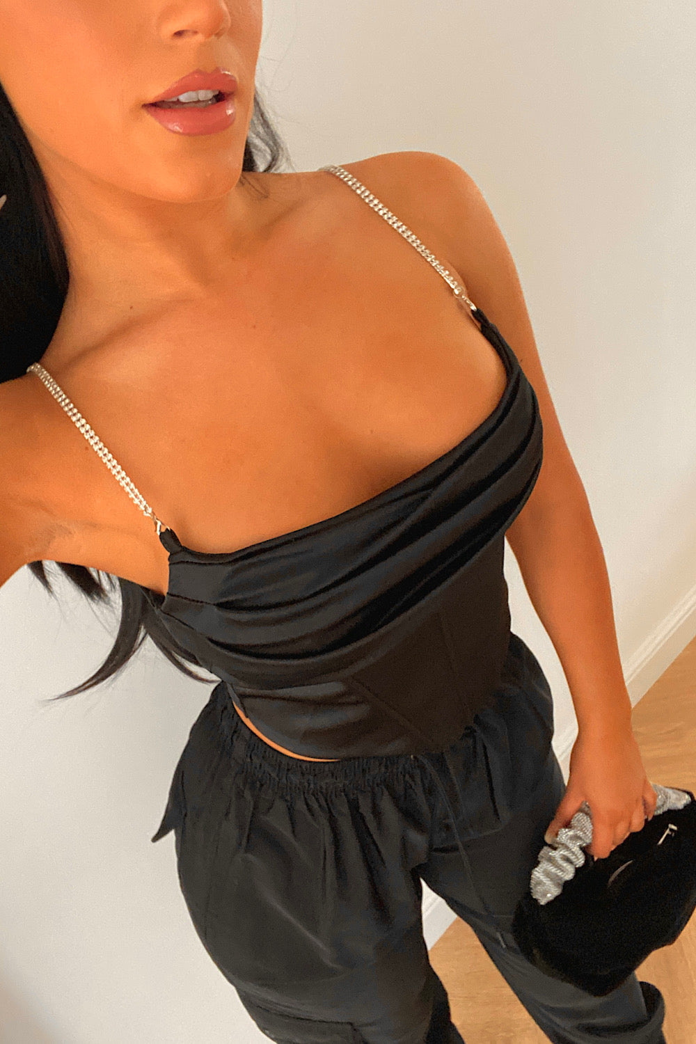 Black Diamante Satin Corset Top
