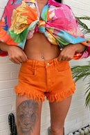 Orange Frayed Denim Shorts