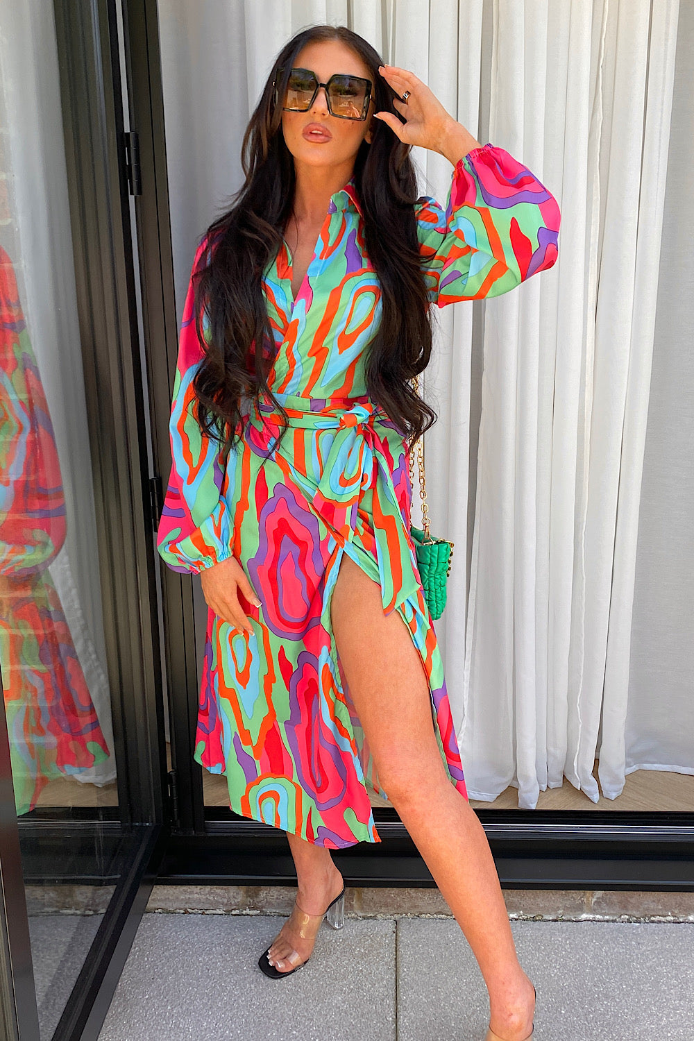Sici Green & Pink Swirl Wrap Dress
