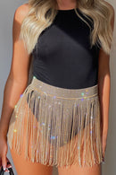 Romi Gold Diamante Rhinestone Wrap Front Fringe Mini Skirt