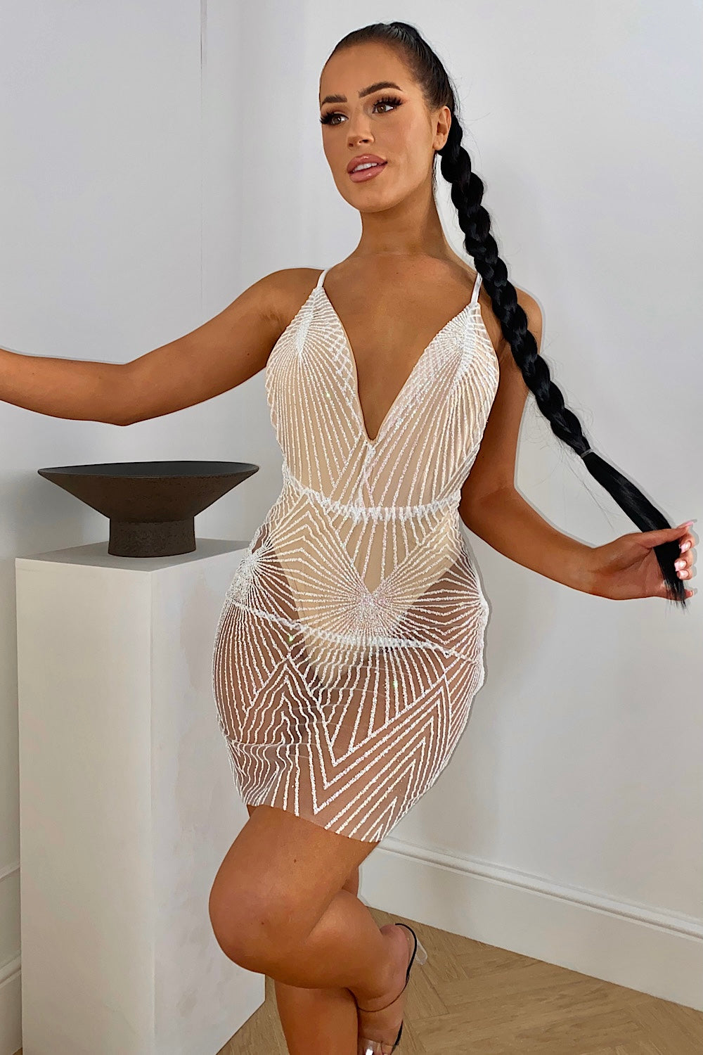 White Mesh Glitter Dress