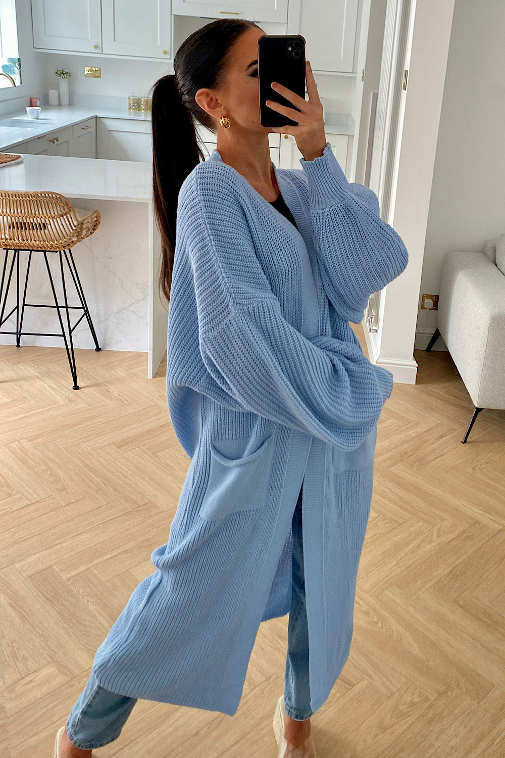 Bren Blue Balloon Sleeve Maxi Cardigan
