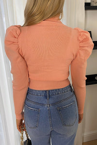 Allie Peach Ribbed Polo Neck Puff Sleeve Jumper
