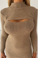 Beige Cut Out Knitted Split Midi Dress