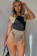 Romi Gold Diamante Rhinestone Wrap Front Fringe Mini Skirt