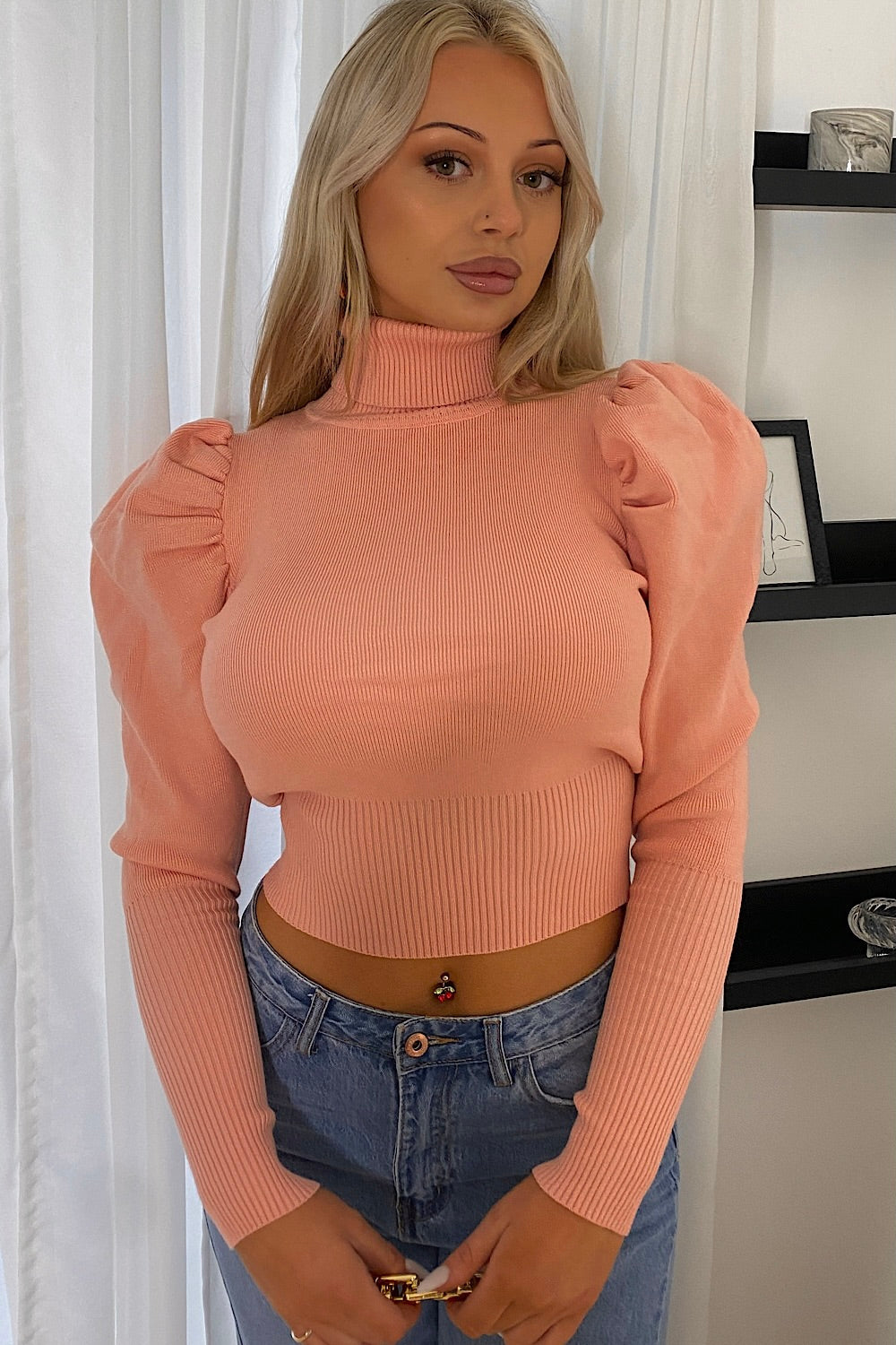 Allie Peach Ribbed Polo Neck Puff Sleeve Jumper