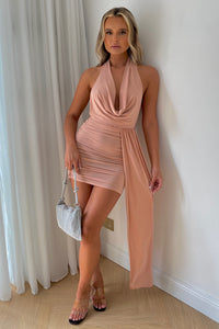 Ava Nude Pink Halterneck Draped Ruched Mini Dress