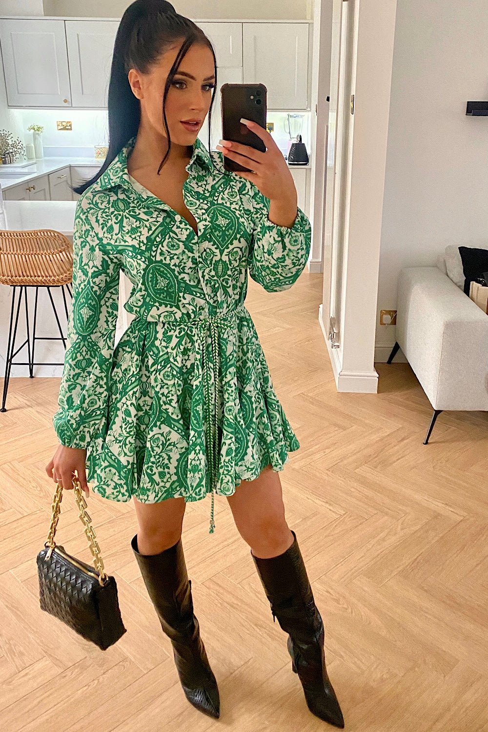 Green Swirl Pattern Shirt Dress