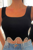 Black Diamanté Chain Tassel Crop Top
