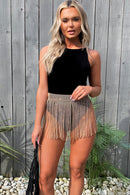 Romi Gold Diamante Rhinestone Wrap Front Fringe Mini Skirt