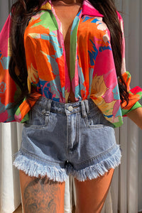 Blue Frayed Denim Shorts