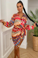 Orange Abstract Print Wrap Dress
