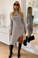 Grey Cut Out Knitted Split Midi Dress