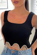 Black Diamanté Chain Tassel Crop Top