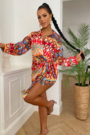 Orange Abstract Print Wrap Dress