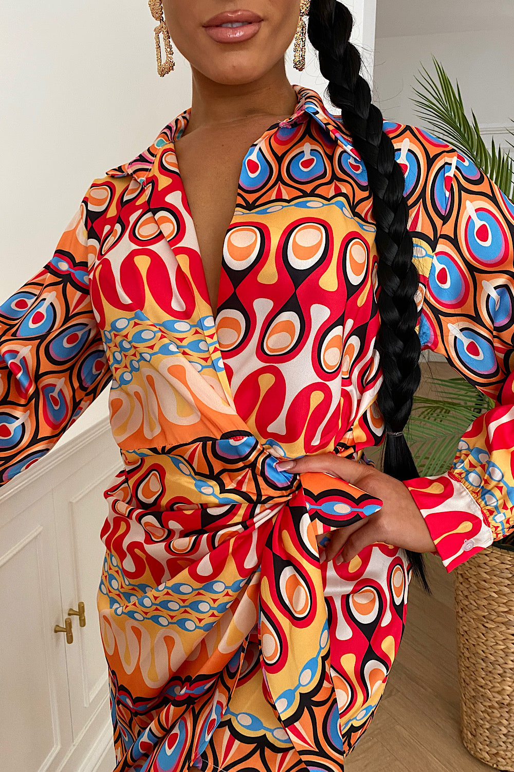 Orange Abstract Print Wrap Dress