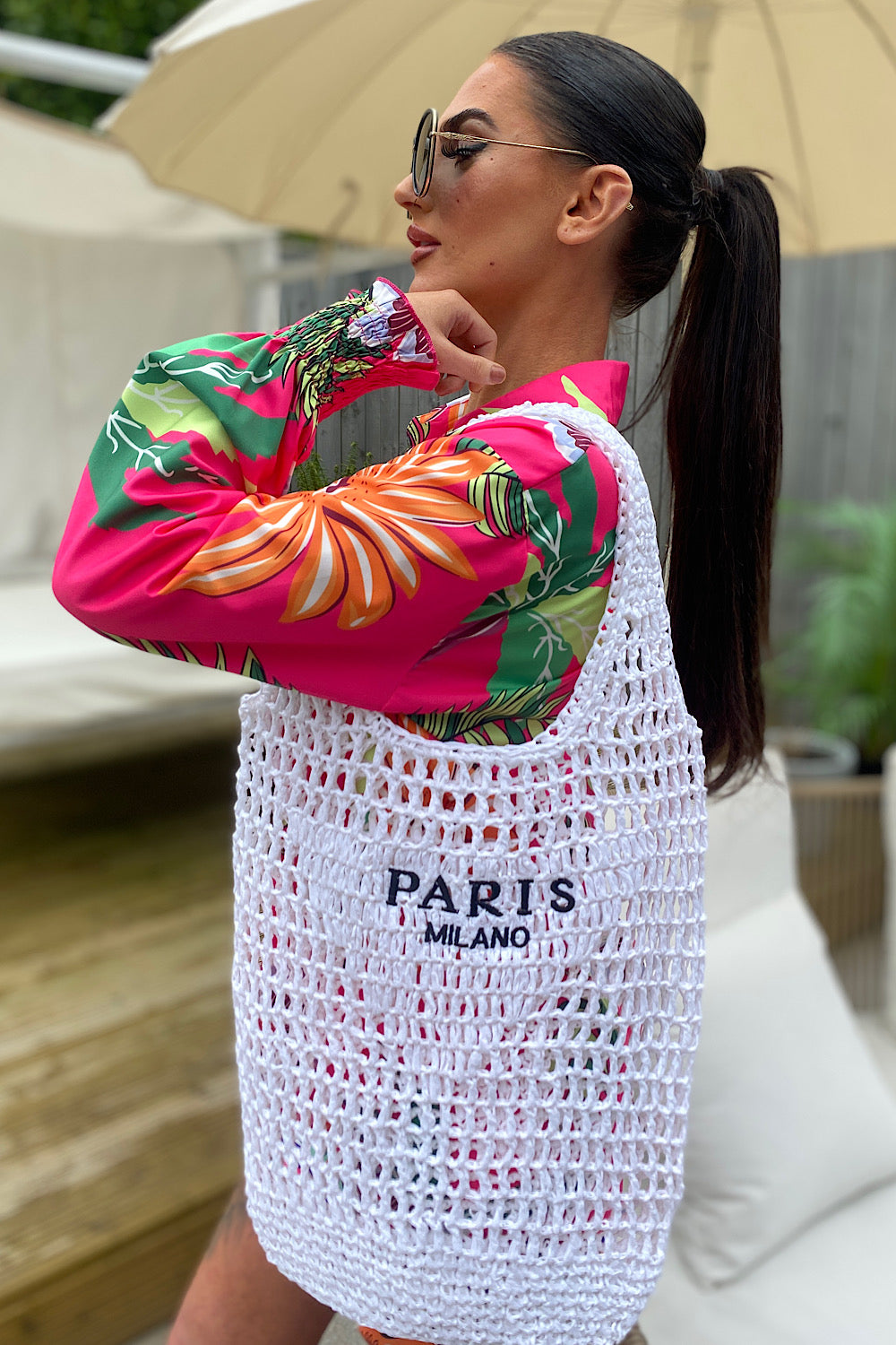 Paris Milano White Crochet Straw Tote Bag