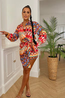 Orange Abstract Print Wrap Dress