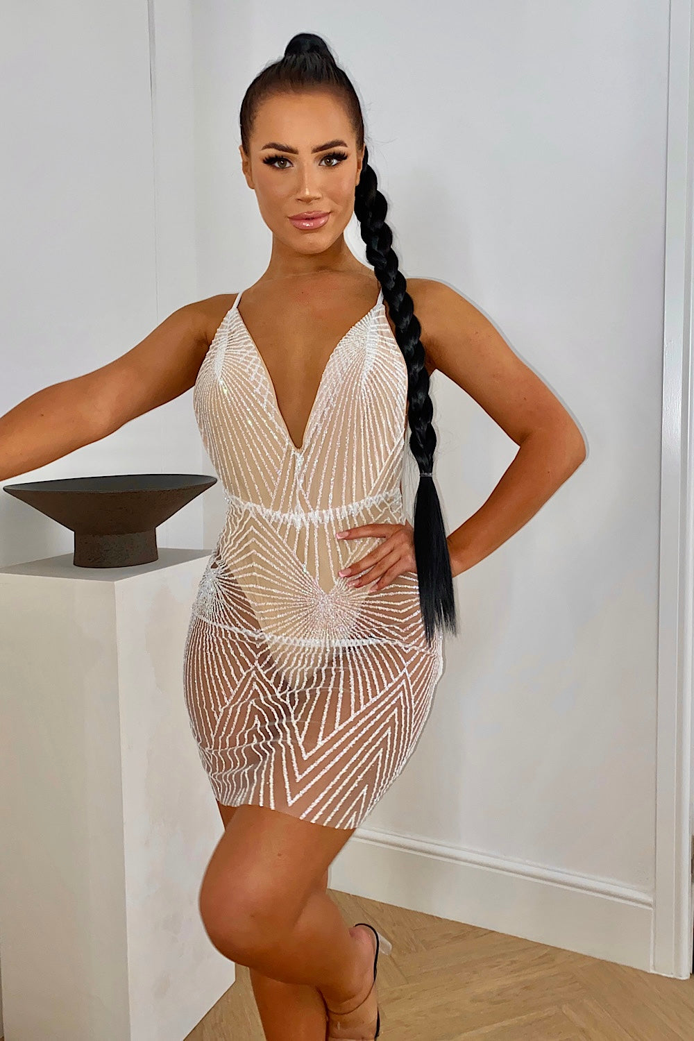 White Mesh Glitter Dress
