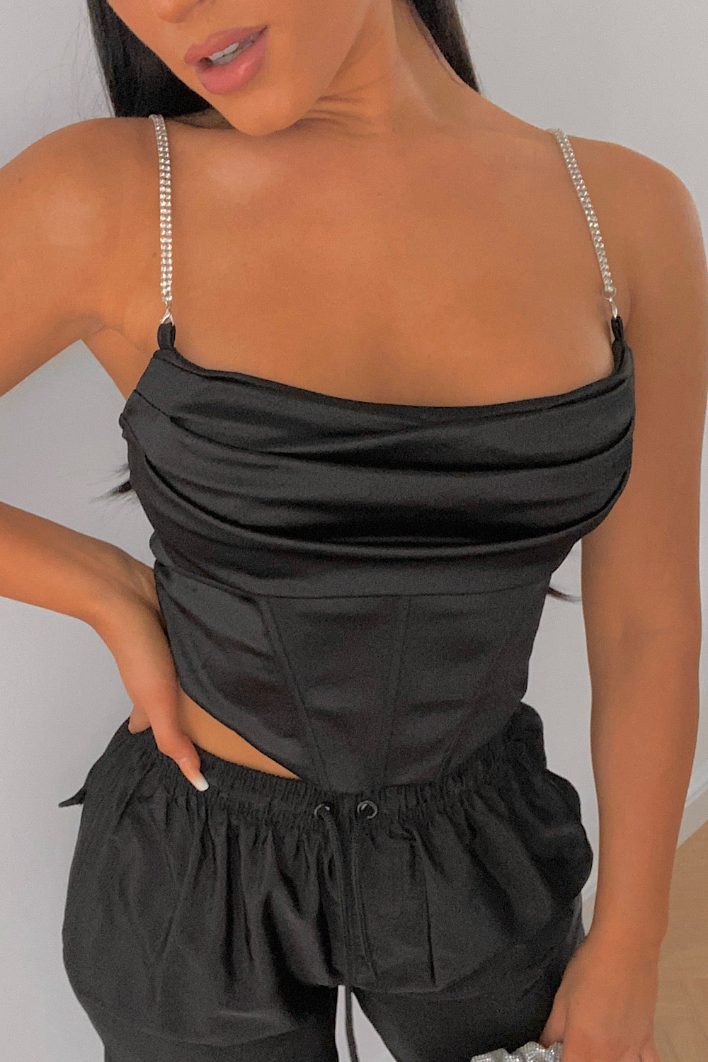 Black Diamante Satin Corset Top