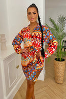 Orange Abstract Print Wrap Dress