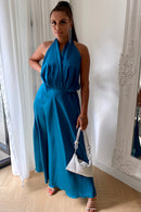 Teal Satin Backless Maxi Dress no