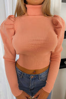 Allie Peach Ribbed Polo Neck Puff Sleeve Jumper
