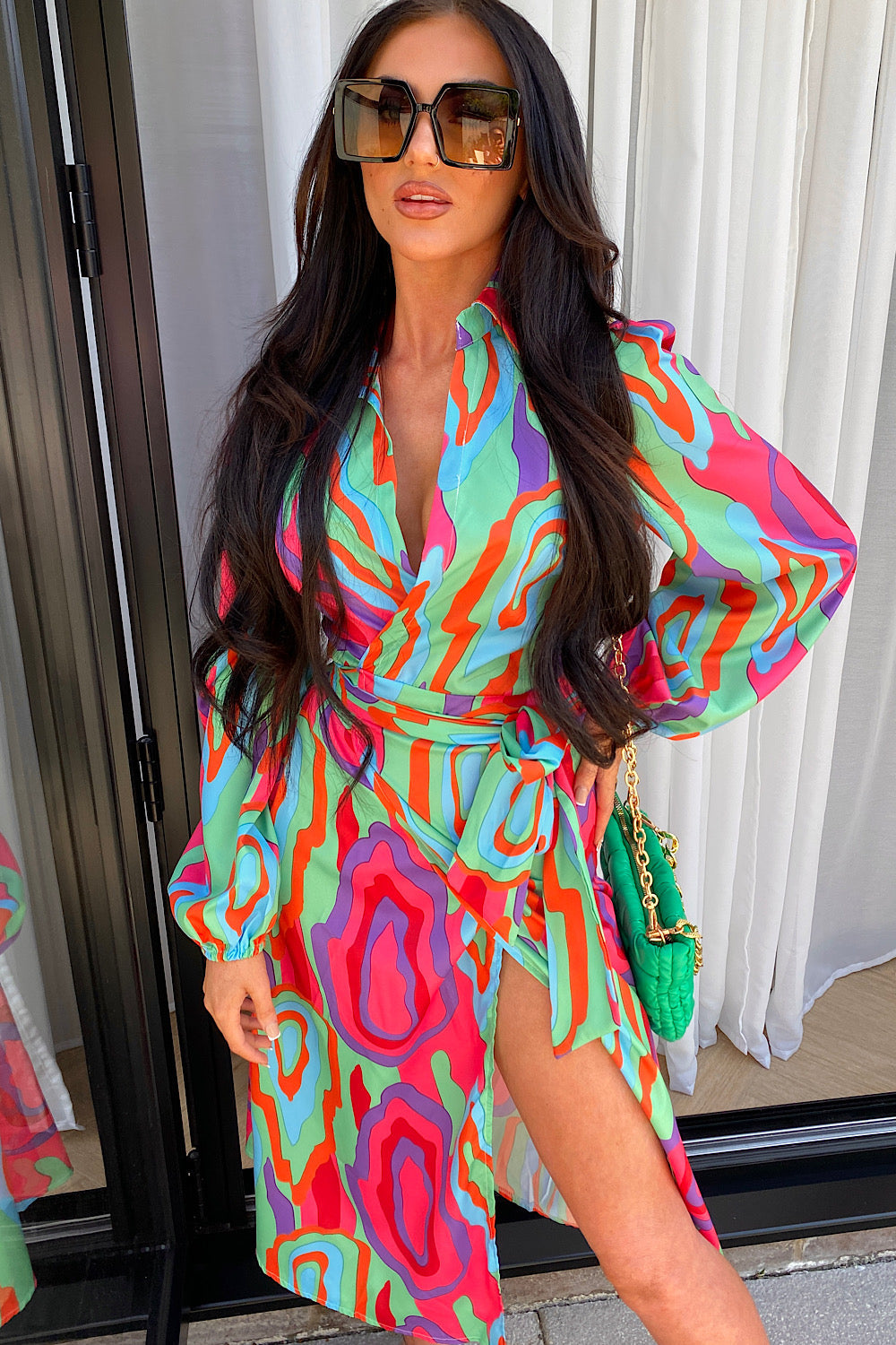 Sici Green & Pink Swirl Wrap Dress