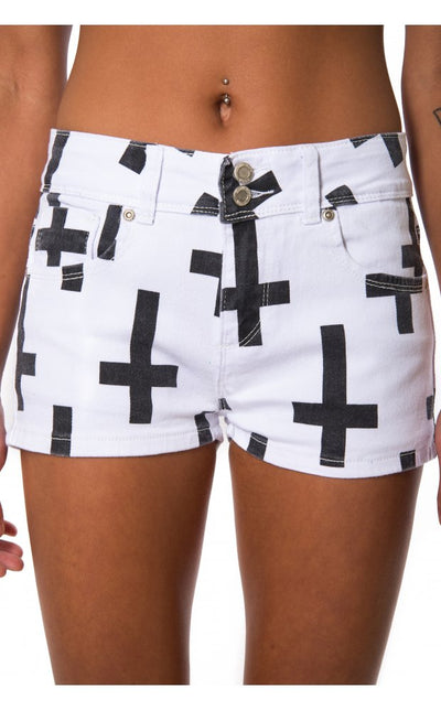 White Cross Print Denim Shorts